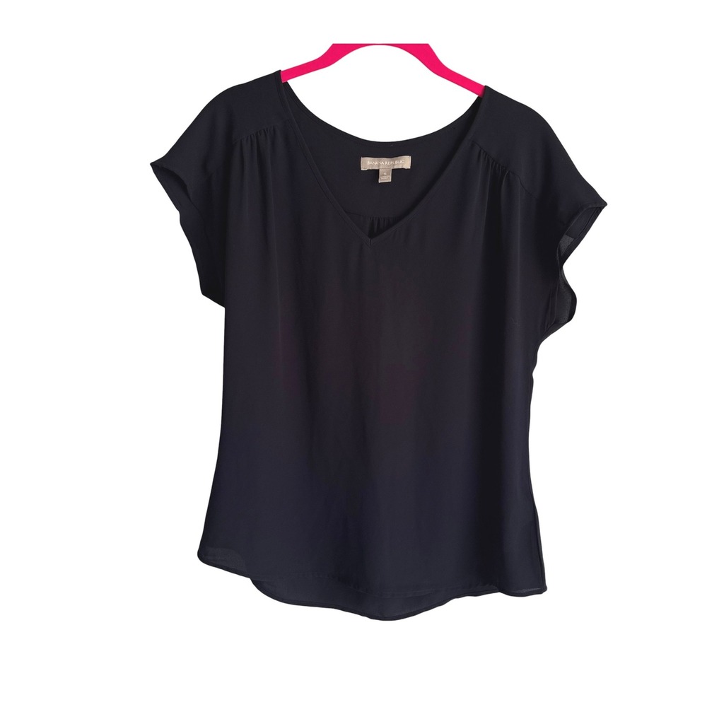 BANANA REPUBLIC Black Drapey V-Neck Ladies Short Sleeve Blouse, S